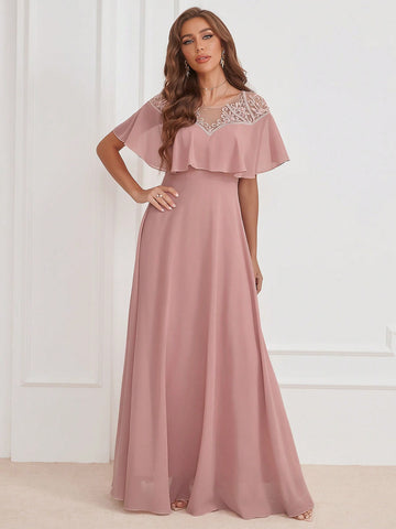 Embroidery Detail Ruffle Trim Chiffon Formal Dress