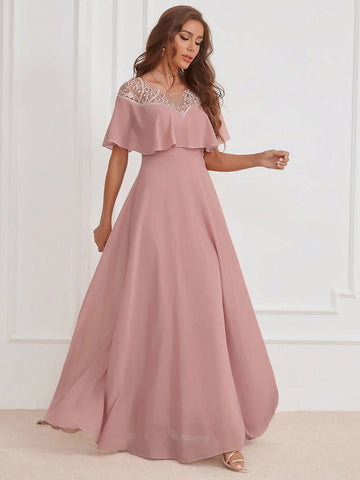Embroidery Detail Ruffle Trim Chiffon Formal Dress