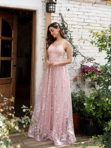 Embroidery Mesh Overlay Cami Flowy Maxi Dress