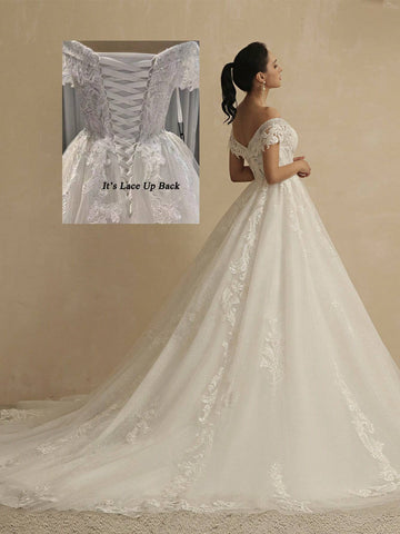 Embroidery Off Shoulder Floor Length Mesh Wedding Dress