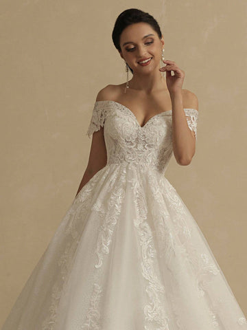 Embroidery Off Shoulder Floor Length Mesh Wedding Dress