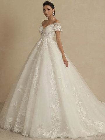 Embroidery Off Shoulder Floor Length Mesh Wedding Dress