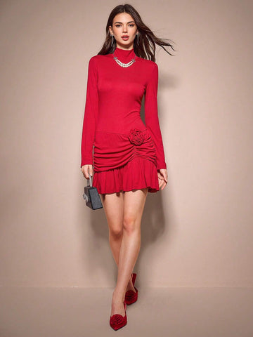 Enchnt 1 Piece Women's Red 3D Flower Decoration, High Neck Long Sleeves, Gathered Ruffles, Hip-Hugging Dress, Date, Christmas And Party Dress,Fall Women Clothes,Winter Women Clothes,