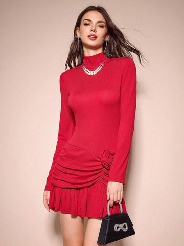 Enchnt 1 Piece Women's Red 3D Flower Decoration, High Neck Long Sleeves, Gathered Ruffles, Hip-Hugging Dress, Date, Christmas And Party Dress,Fall Women Clothes,Winter Women Clothes,
