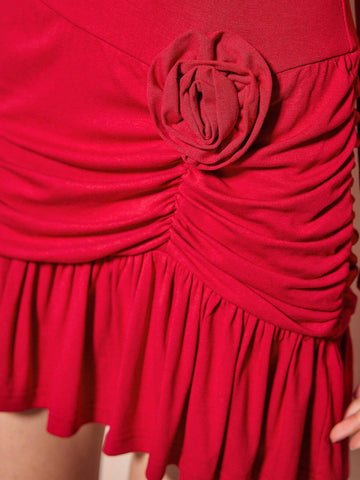 Enchnt 1 Piece Women's Red 3D Flower Decoration, High Neck Long Sleeves, Gathered Ruffles, Hip-Hugging Dress, Date, Christmas And Party Dress,Fall Women Clothes,Winter Women Clothes,