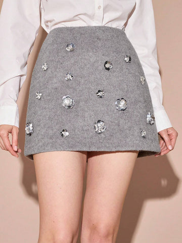 Enchnt 1 Piece Women's Woolen Gray Elegant Silver Sequin Beads And Diamonds 3D Flower Decoration A-Line Skirt, Christmas, Work, Back To School, Date Skirt,Fall Winter