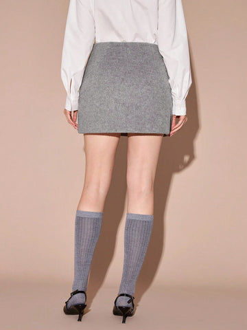 Enchnt 1 Piece Women's Woolen Gray Elegant Silver Sequin Beads And Diamonds 3D Flower Decoration A-Line Skirt, Christmas, Work, Back To School, Date Skirt,Fall Winter