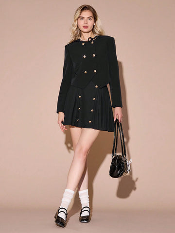 Enchnt Autumn/Winter Romantic Women's Black Metal Buttons Decor Cute Elegant Pleated A-Line Skirt, Fall Women Clothes