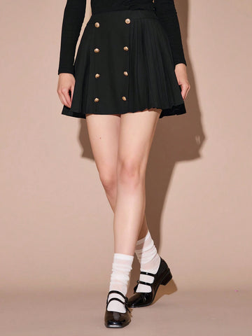 Enchnt Autumn/Winter Romantic Women's Black Metal Buttons Decor Cute Elegant Pleated A-Line Skirt, Fall Women Clothes