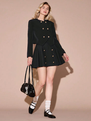 Enchnt Autumn/Winter Romantic Women's Black Metal Buttons Decor Cute Elegant Pleated A-Line Skirt, Fall Women Clothes