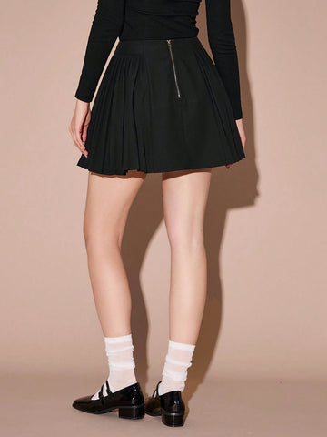 Enchnt Autumn/Winter Romantic Women's Black Metal Buttons Decor Cute Elegant Pleated A-Line Skirt, Fall Women Clothes