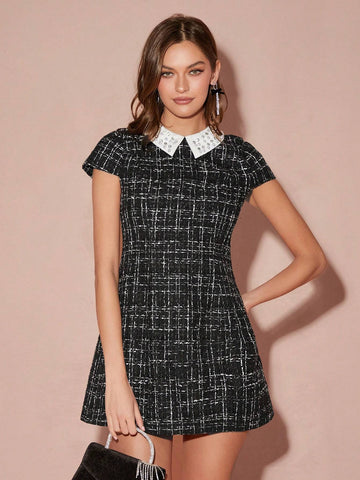 Enchnt Autumn/Winter Romantic Women's Black Plaid Contrast Color Exquisite Pearl Rhinestone Collar Elegant French Tweed Short Dress,For Halloween&Thanksgiving&Christmas Party