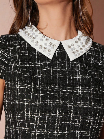 Enchnt Autumn/Winter Romantic Women's Black Plaid Contrast Color Exquisite Pearl Rhinestone Collar Elegant French Tweed Short Dress,For Halloween&Thanksgiving&Christmas Party
