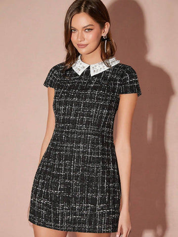 Enchnt Autumn/Winter Romantic Women's Black Plaid Contrast Color Exquisite Pearl Rhinestone Collar Elegant French Tweed Short Dress,For Halloween&Thanksgiving&Christmas Party