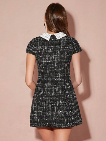 Enchnt Autumn/Winter Romantic Women's Black Plaid Contrast Color Exquisite Pearl Rhinestone Collar Elegant French Tweed Short Dress,For Halloween&Thanksgiving&Christmas Party
