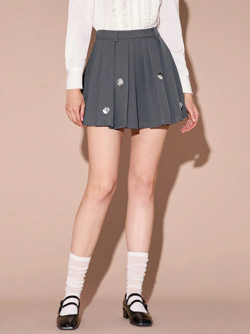 Enchnt Autumn/Winter Romantic Women's Grey Sparkling Sequin 3D Flower Decor Pleated A-Line Skirt,For Halloween&Thanksgiving&Christmas Party