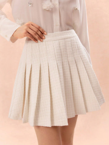 Enchnt Autumn/Winter Romantic Women's Sweetheart Apricot Pleated Tweed Skirt, Daily Elegant