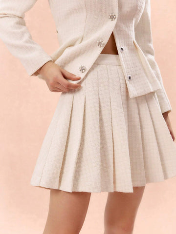 Enchnt Autumn/Winter Romantic Women's Sweetheart Apricot Pleated Tweed Skirt, Daily Elegant