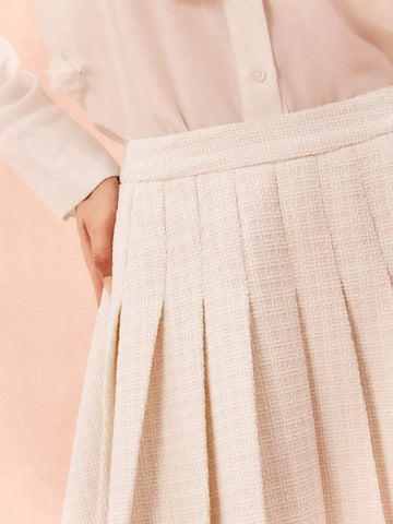 Enchnt Autumn/Winter Romantic Women's Sweetheart Apricot Pleated Tweed Skirt, Daily Elegant