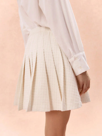 Enchnt Autumn/Winter Romantic Women's Sweetheart Apricot Pleated Tweed Skirt, Daily Elegant