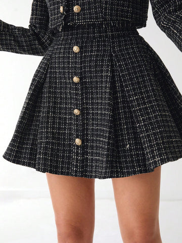 Enchnt Autumn Romantic Women's Black Plaid Elegant Fashionable Metal Buttons Decor Plaid A-Line Tweed Skirt,Fall Women Clothes