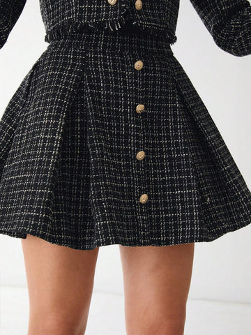 Enchnt Autumn Romantic Women's Black Plaid Elegant Fashionable Metal Buttons Decor Plaid A-Line Tweed Skirt,Fall Women Clothes