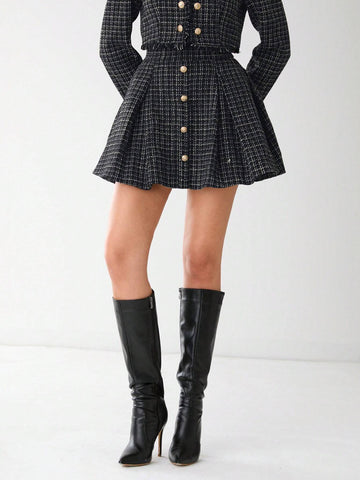 Enchnt Autumn Romantic Women's Black Plaid Elegant Fashionable Metal Buttons Decor Plaid A-Line Tweed Skirt,Fall Women Clothes