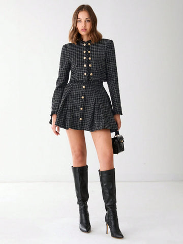 Enchnt Autumn Romantic Women's Black Plaid Elegant Fashionable Metal Buttons Decor Plaid A-Line Tweed Skirt,Fall Women Clothes