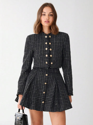 Enchnt Autumn Romantic Women's Black Plaid Elegant Fashionable Metal Buttons Decor Plaid A-Line Tweed Skirt,Fall Women Clothes