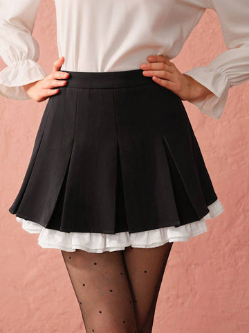 Enchnt Autumn Romantic Women's Black Pleated Patchwork Princess Skirt, Casual Holiday