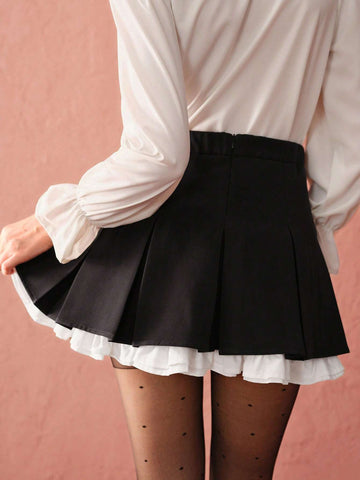 Enchnt Autumn Romantic Women's Black Pleated Patchwork Princess Skirt, Casual Holiday