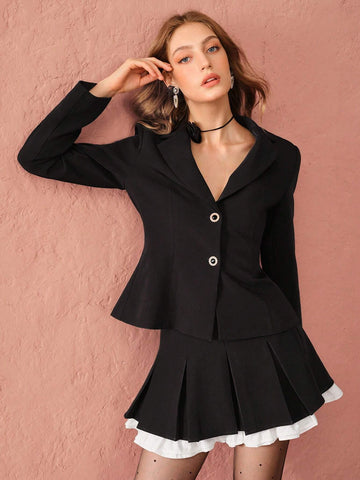 Enchnt Autumn Romantic Women's Black Pleated Patchwork Princess Skirt, Casual Holiday