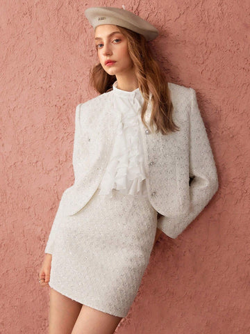 Enchnt Autumn Romantic Women's Cute Elegant Sequin Bodycon White Mini Tweed Skirt,For Halloween & Christmas Party