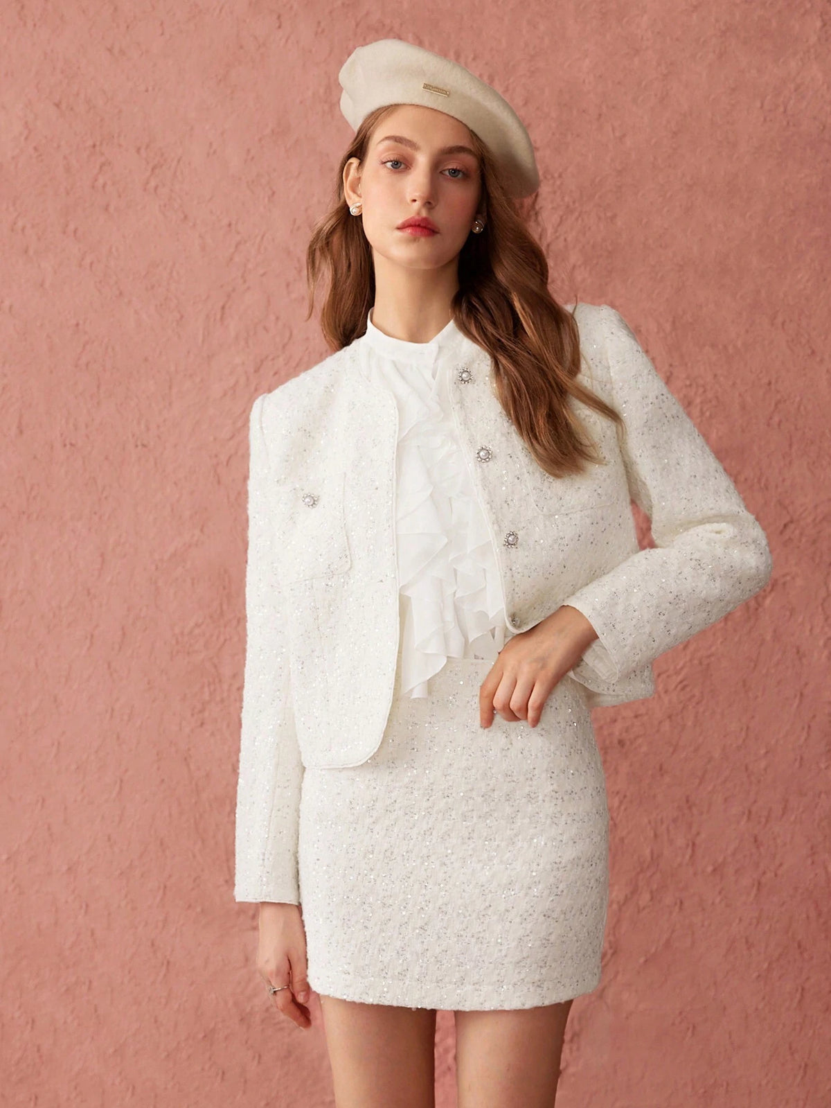 Enchnt Autumn Romantic Women's Cute Elegant Sequin Bodycon White Mini Tweed Skirt,For Halloween & Christmas Party