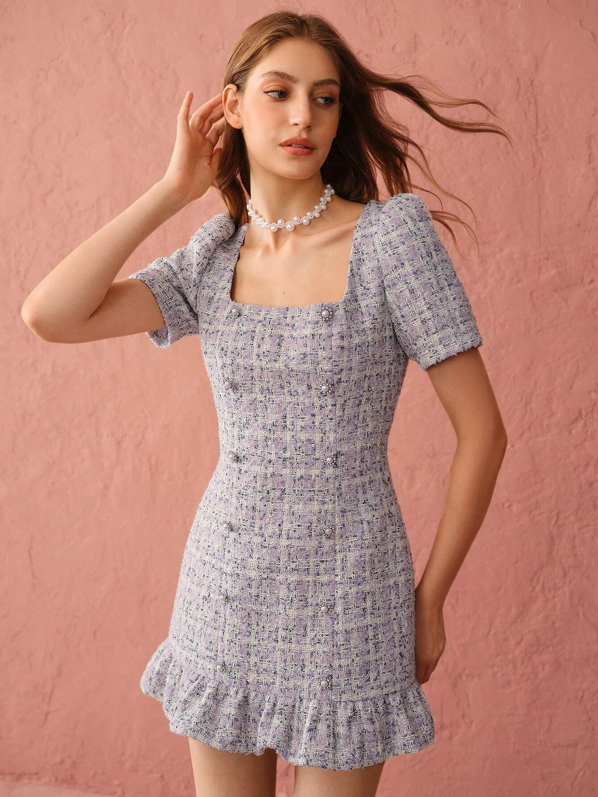 Enchnt Autumn Romantic Women's Sweetheart Pearl Decorated Button Purple Cute Princess Tweed Dress