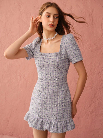 Enchnt Autumn Romantic Women's Sweetheart Pearl Decorated Button Purple Cute Princess Tweed Dress