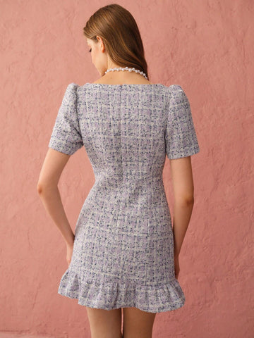 Enchnt Autumn Romantic Women's Sweetheart Pearl Decorated Button Purple Cute Princess Tweed Dress