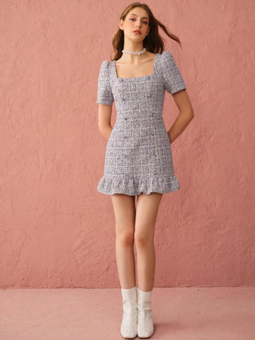 Enchnt Autumn Romantic Women's Sweetheart Pearl Decorated Button Purple Cute Princess Tweed Dress