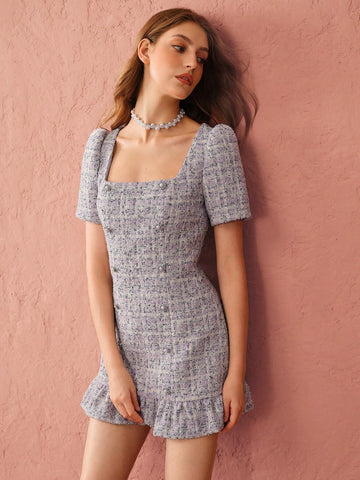 Enchnt Autumn Romantic Women's Sweetheart Pearl Decorated Button Purple Cute Princess Tweed Dress