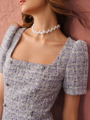 Enchnt Autumn Romantic Women's Sweetheart Pearl Decorated Button Purple Cute Princess Tweed Dress