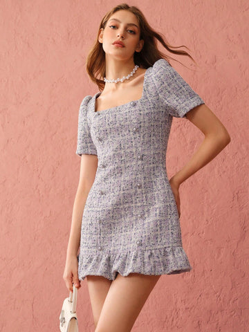Enchnt Autumn Romantic Women's Sweetheart Pearl Decorated Button Purple Cute Princess Tweed Dress