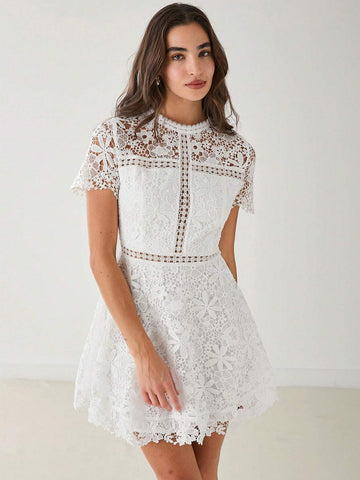 Enchnt Autumn Romantic Women's White Floral Embroidery Lace Round Neck Short Sleeve Cropped Elegant Dress,Fall Women Dress