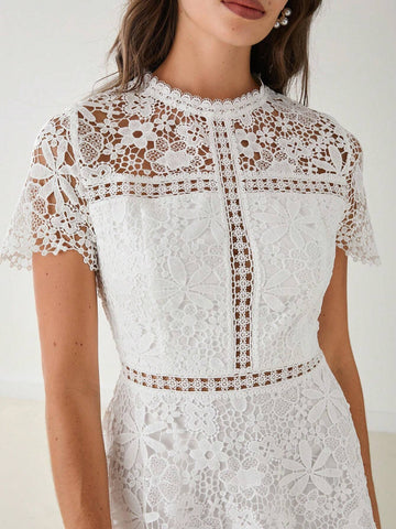 Enchnt Autumn Romantic Women's White Floral Embroidery Lace Round Neck Short Sleeve Cropped Elegant Dress,Fall Women Dress
