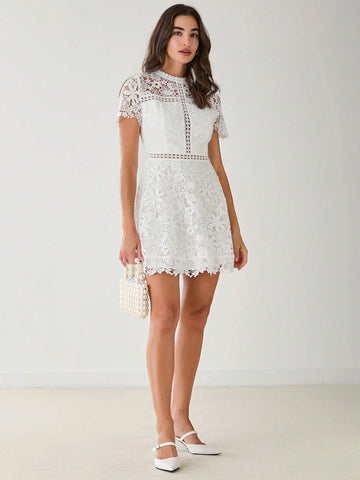 Enchnt Autumn Romantic Women's White Floral Embroidery Lace Round Neck Short Sleeve Cropped Elegant Dress,Fall Women Dress