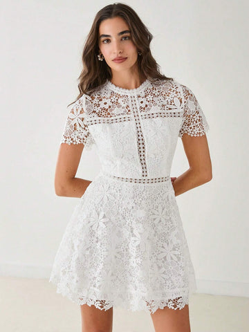 Enchnt Autumn Romantic Women's White Floral Embroidery Lace Round Neck Short Sleeve Cropped Elegant Dress,Fall Women Dress