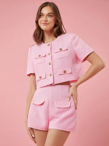 Enchnt Fall Holiday Pink Romantic Women Solid Color Faux Pocket Elegant Loose Shorts