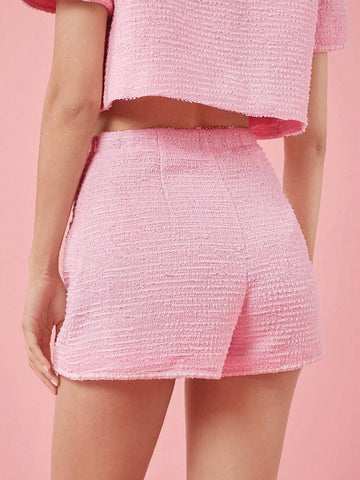 Enchnt Fall Holiday Pink Romantic Women Solid Color Faux Pocket Elegant Loose Shorts