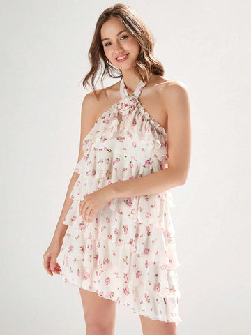 Summer Sweet Small Floral Print Halter Backless Ruffle Trimmed Dress