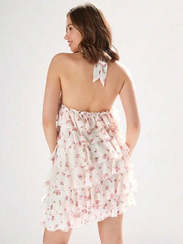 Summer Sweet Small Floral Print Halter Backless Ruffle Trimmed Dress