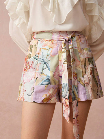 Enchnt New Autumn Winter Products,Women's Romantic Floral Print Belted Shorts With Pockets,Fall Winter Women's Clothing